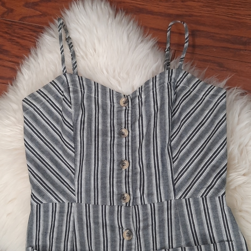 Vertical Striped Button Front Wide Leg Romper - Picture 2 of 3